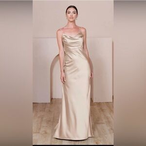 Revelry Skye Satin Dress Gold Champagne Size 2, Length Petite Maxi